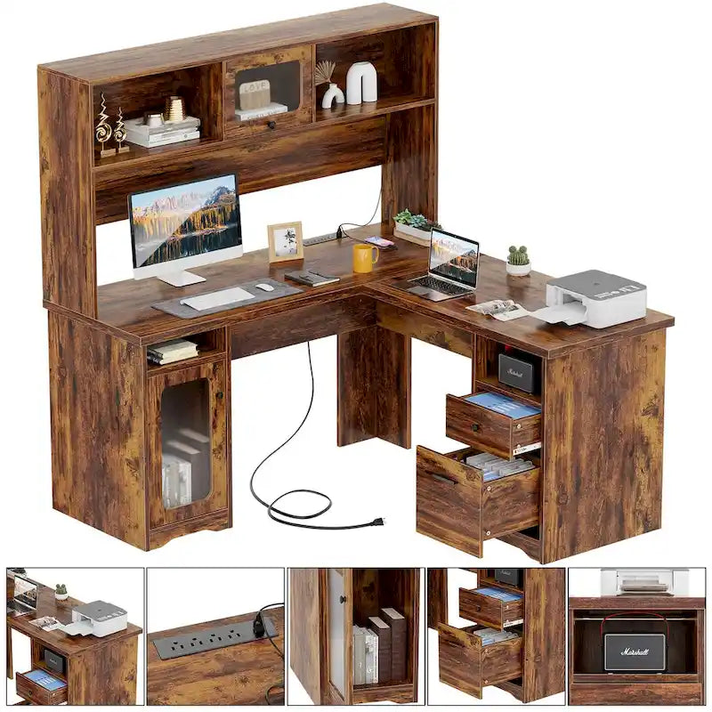 Scrivania angolare a L per computer con credenza cassetti e prese di corrente