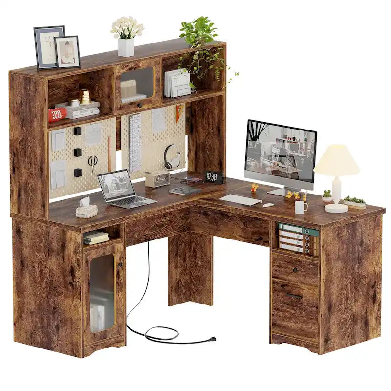 Scrivania angolare a L per computer con credenza cassetti e prese di corrente