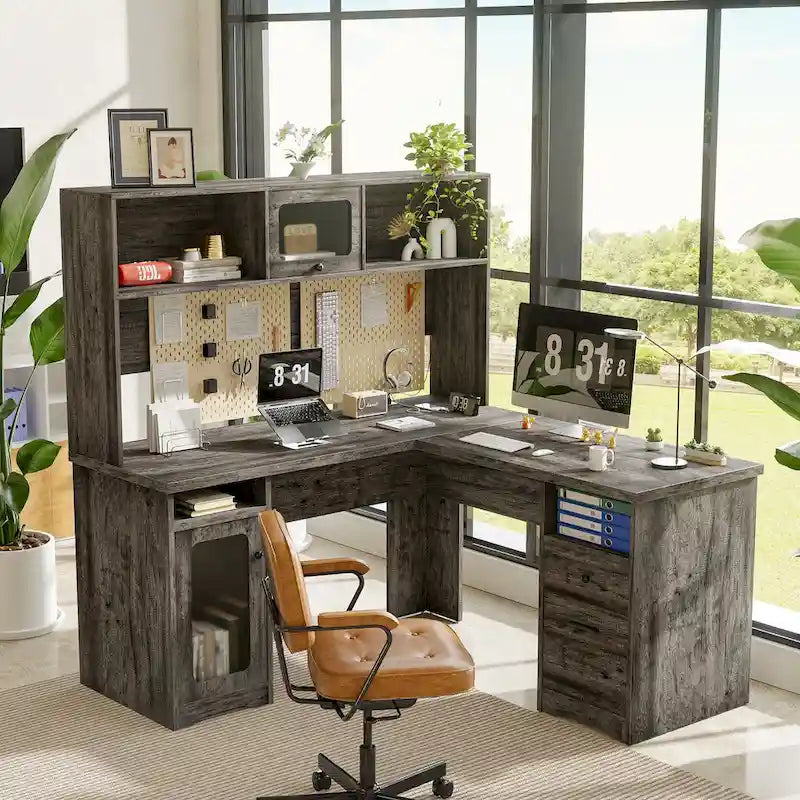 Scrivania angolare a L per computer con credenza cassetti e prese di corrente