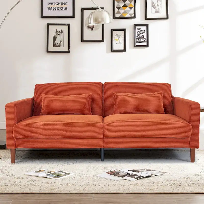 Divanetto a 2 posti rettangolare comodo in velluto a coste Retro 74 pollici con legno massello e 2 cuscini, 4 colori opzionali