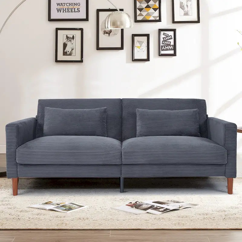 Divanetto a 2 posti rettangolare comodo in velluto a coste Retro 74 pollici con legno massello e 2 cuscini, 4 colori opzionali