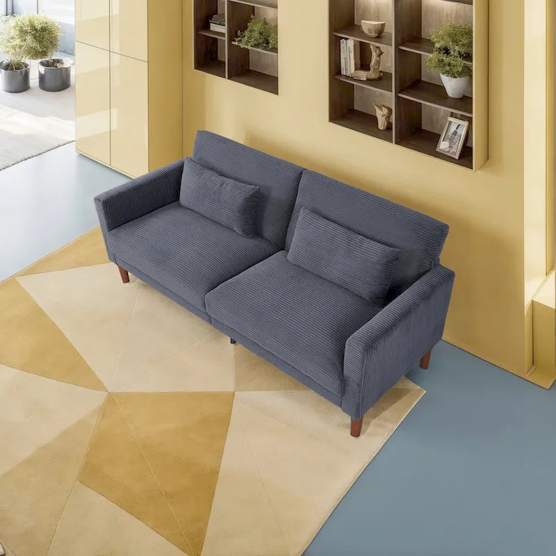 Divanetto a 2 posti rettangolare comodo in velluto a coste Retro 74 pollici con legno massello e 2 cuscini, 4 colori opzionali