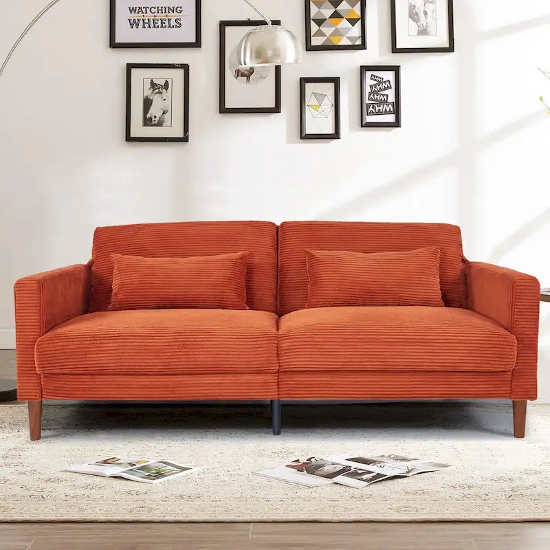 Divanetto a 2 posti rettangolare comodo in velluto a coste Retro 74 pollici con legno massello e 2 cuscini, 4 colori opzionali