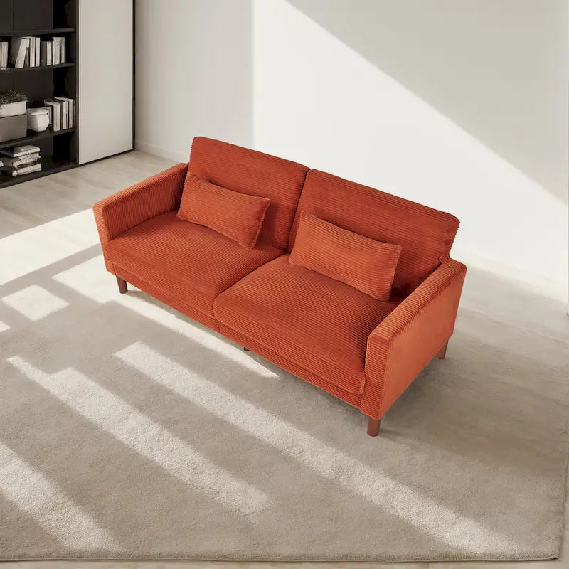 Divanetto a 2 posti rettangolare comodo in velluto a coste Retro 74 pollici con legno massello e 2 cuscini, 4 colori opzionali