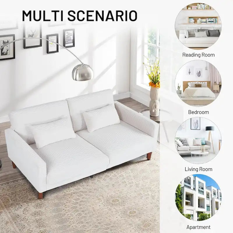Divanetto a 2 posti rettangolare comodo in velluto a coste Retro 74 pollici con legno massello e 2 cuscini, 4 colori opzionali