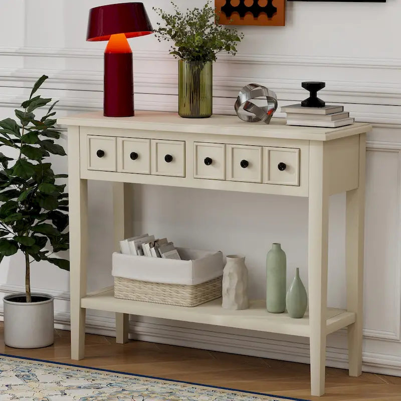 Consolle rustica con tre cassetti e ripiano a giorno