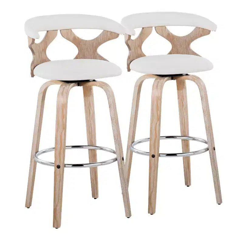 LumiSource Set of 2 Gardenia Barstools White Wash/Cream: Contemporary Swivel Bar Chairs with Back, Farmhouse Style