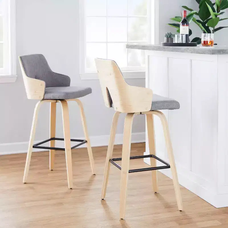 LumiSource Set di 2 Sgabelli da Bar Stella Legno Naturale/Grigio Chiaro/Nero:: Mid-Century Modern, Girevoli, Poggiapiedi, Struttura in Legno