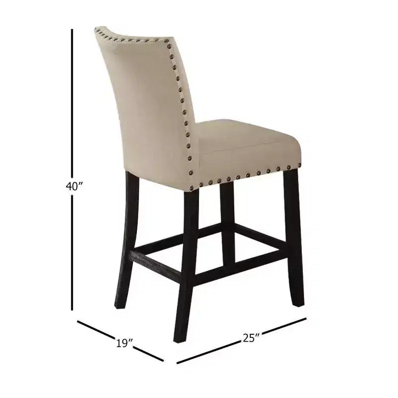 Set di 2 sgabelli Nolan da 63,5 cm per bancone e bar in lino beige/finitura rovere scuro anticato - Acme Furniture: Seduta imbottita, bordo con borchie, struttura in metallo