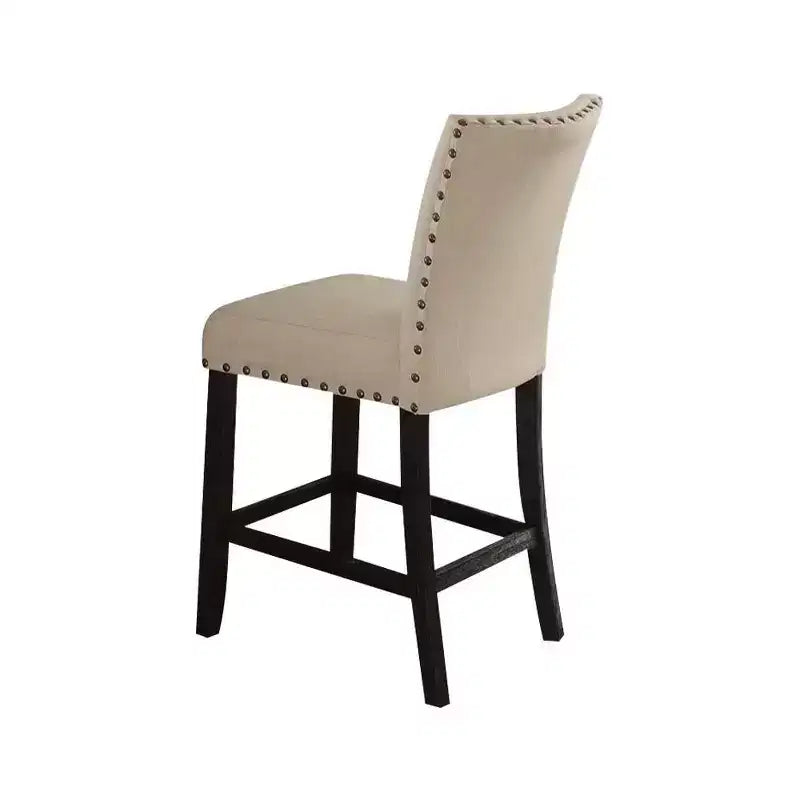 Set di 2 sgabelli Nolan da 63,5 cm per bancone e bar in lino beige/finitura rovere scuro anticato - Acme Furniture: Seduta imbottita, bordo con borchie, struttura in metallo