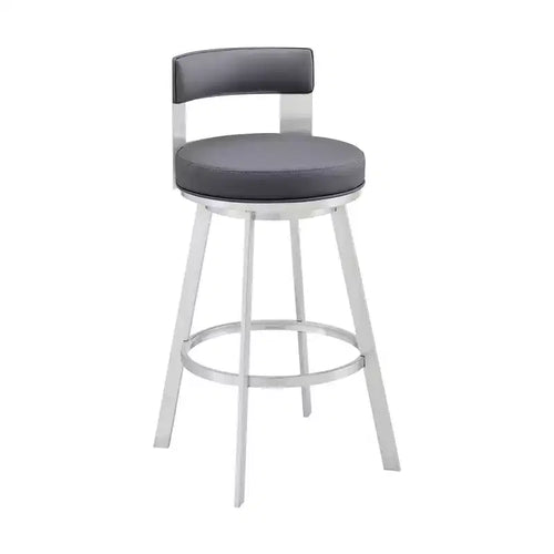 Armen Living 26" Flynn Metal with Faux Leather Swivel Counter Height Barstool Silver/Gray