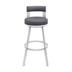 Sgabello da bar Armen Living Flynn in metallo e similpelle, altezza bancone, girevole, 26", argento/grigio