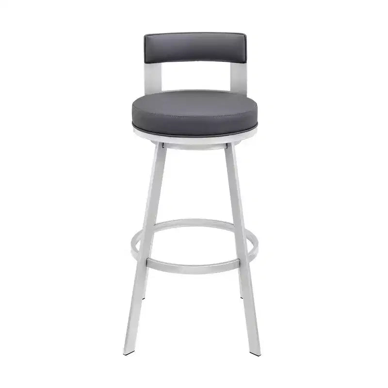 Sgabello da bar Armen Living Flynn in metallo e similpelle, altezza bancone, girevole, 26", argento/grigio