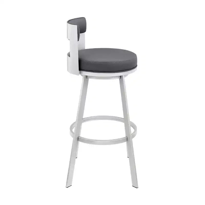 Sgabello da bar Armen Living Flynn in metallo e similpelle, altezza bancone, girevole, 26", argento/grigio