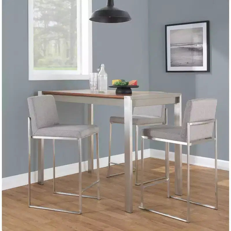 LumiSource Set di 3 Sgabelli da Bar con Schienale Alto Fuji Altezza Bancone Acciaio Inossidabile/Grigio