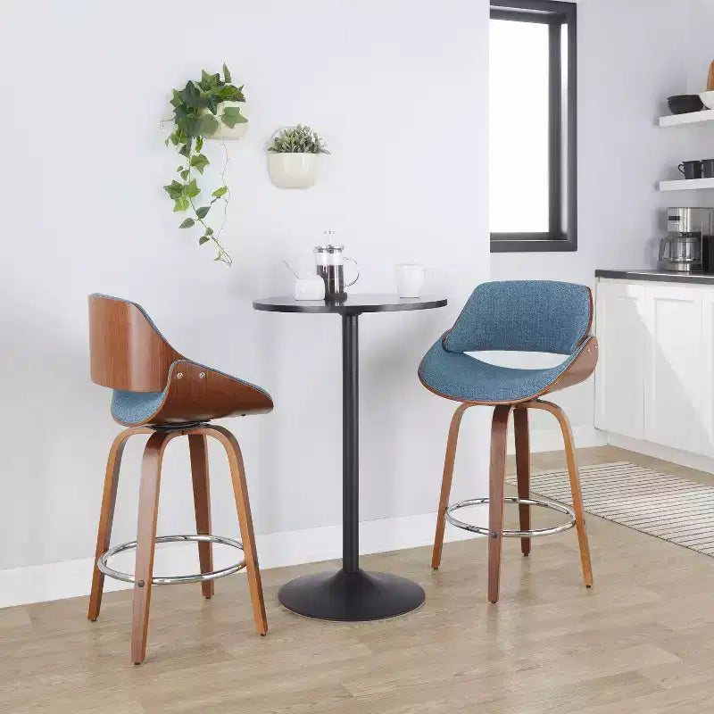 LumiSource Set di 2 Sgabelli da Bancone Fabrizzi Altezza Bancone Noce/Blu: Girevoli Imbottiti, Adatti per la Cucina