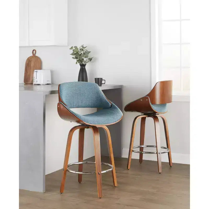 LumiSource Set di 2 Sgabelli da Bancone Fabrizzi Altezza Bancone Noce/Blu: Girevoli Imbottiti, Adatti per la Cucina