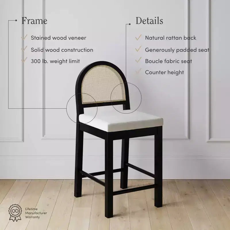 Nathan James Bailey Sgabello da bar con schienale curvo, altezza bancone, legno nero rovere rattan bouclé crema: Elegante seduta da 61 cm, struttura in legno di gomma