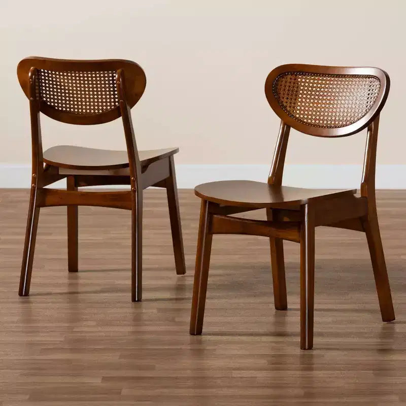 Baxton Studio, set da 2 sedie da pranzo Hesper in legno e rattan, noce scuro/marrone chiaro: metà secolo, schienale a mezzaluna, gambe angolate