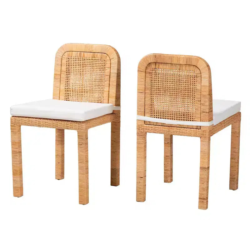 2 sedie da pranzo Zariah in rattan e legno di mogano bianco/marrone naturale - Baxton Studio: Realizzate a mano, imbottite, nessun assemblaggio richiesto