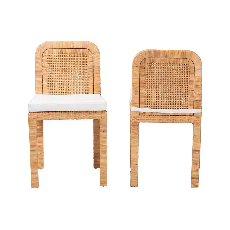 2 sedie da pranzo Zariah in rattan e legno di mogano bianco/marrone naturale - Baxton Studio: Realizzate a mano, imbottite, nessun assemblaggio richiesto