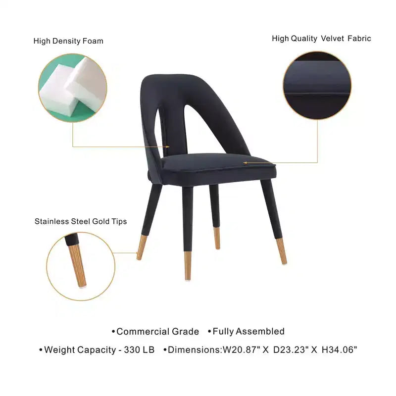 Neda Sedia da Pranzo Moderna Imbottita in Velluto Blu Notte - Manhattan Comfort: Legno di Olmo, Piedini Dorati, Nessun Montaggio