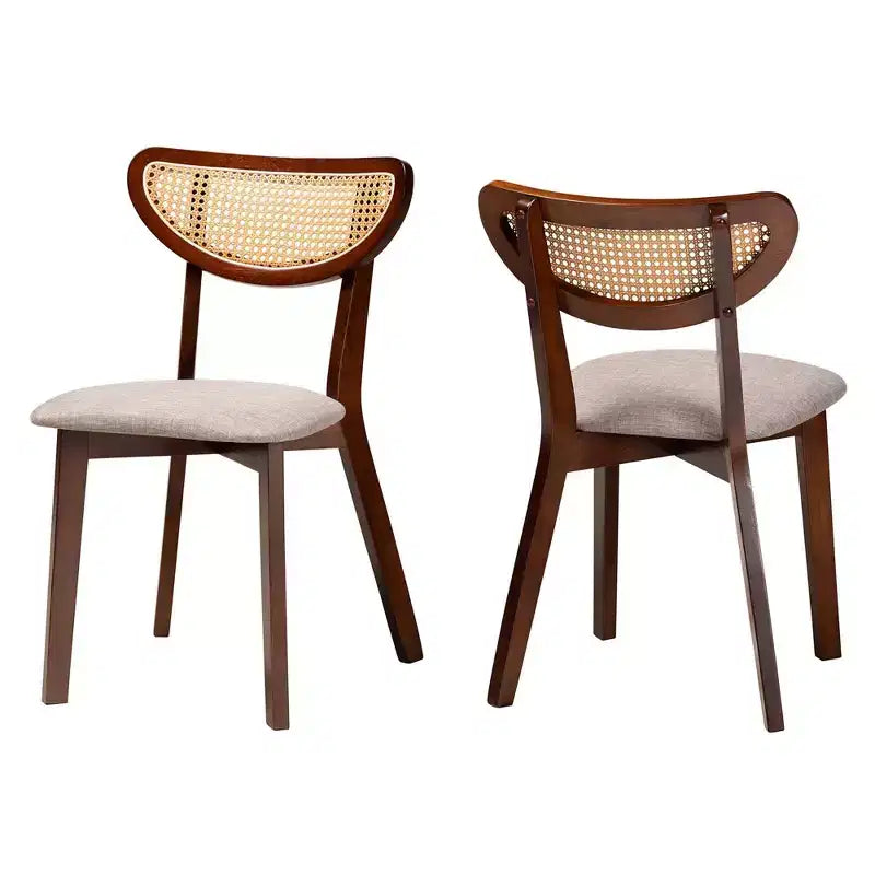Baxton Studio 2 sedie da pranzo Dannell in tessuto e legno grigio/marrone noce/marrone chiaro: metà secolo, dettagli in rattan, cuscino in schiuma
