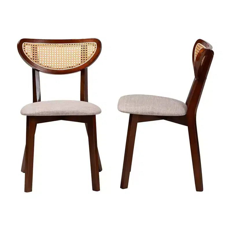 Baxton Studio 2 sedie da pranzo Dannell in tessuto e legno grigio/marrone noce/marrone chiaro: metà secolo, dettagli in rattan, cuscino in schiuma