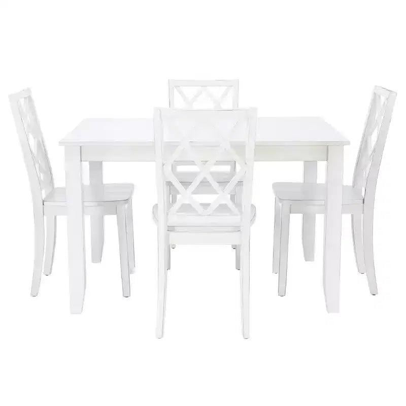 Set da pranzo Harleau 5 pezzi in legno massello, bianco - Powell: Tavolo rettangolare, 4 sedie, Stile nautico