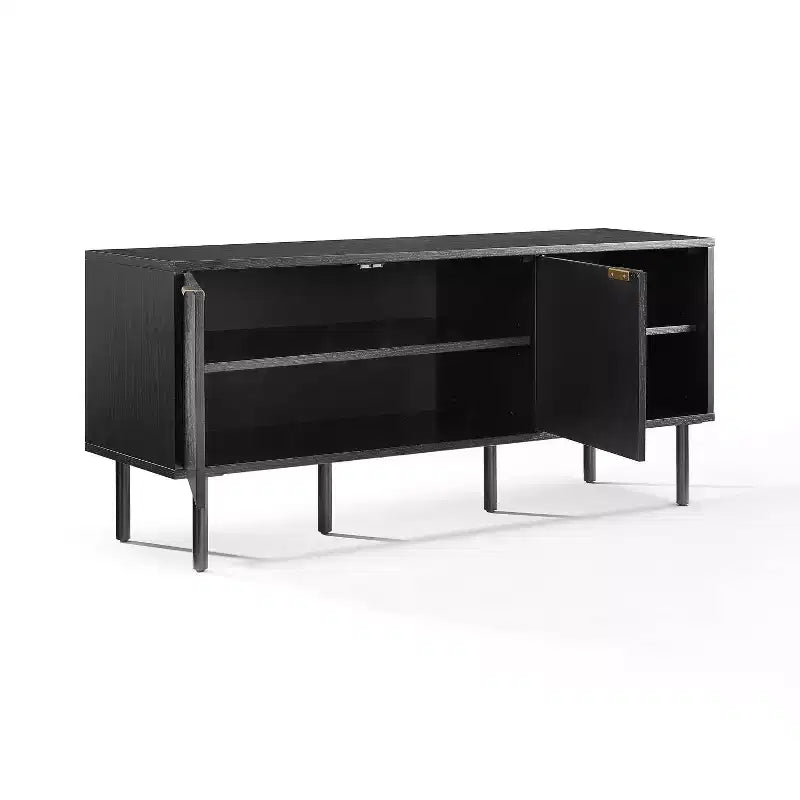 Crosley 54" Credenza Brody con Contenitore per Dischi, Nera: Venature in Rovere, Maniglie in Ottone, Gestione Cavi