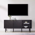 Crosley 54" Credenza Brody con Contenitore per Dischi, Nera: Venature in Rovere, Maniglie in Ottone, Gestione Cavi