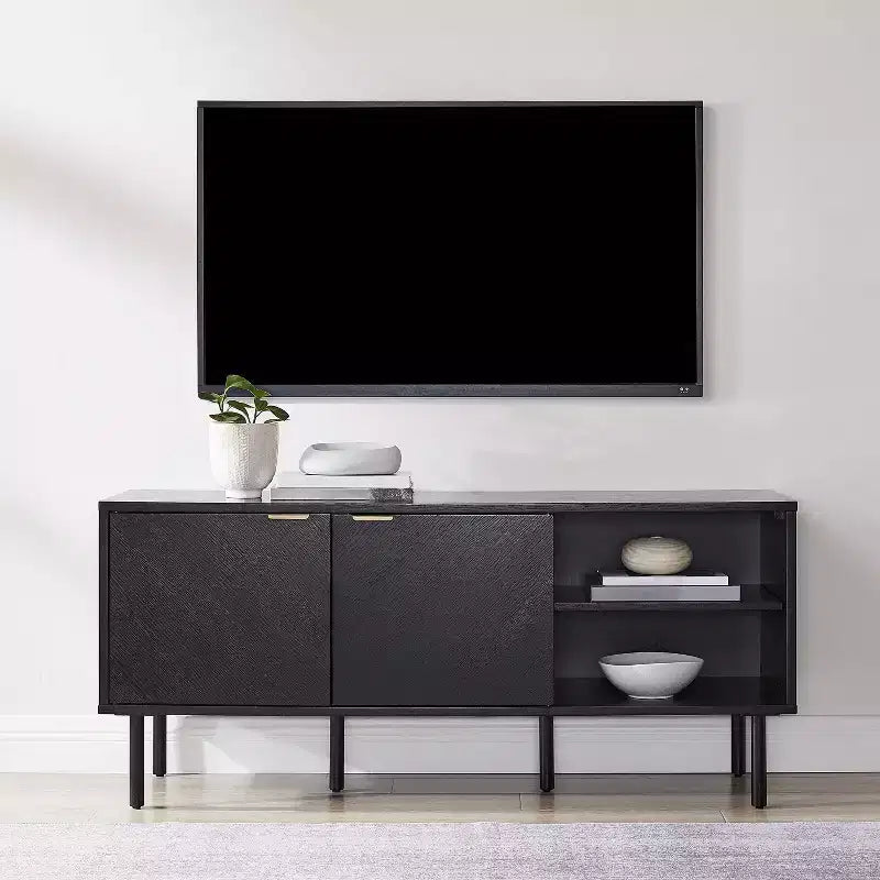 Crosley 54" Credenza Brody con Contenitore per Dischi, Nera: Venature in Rovere, Maniglie in Ottone, Gestione Cavi