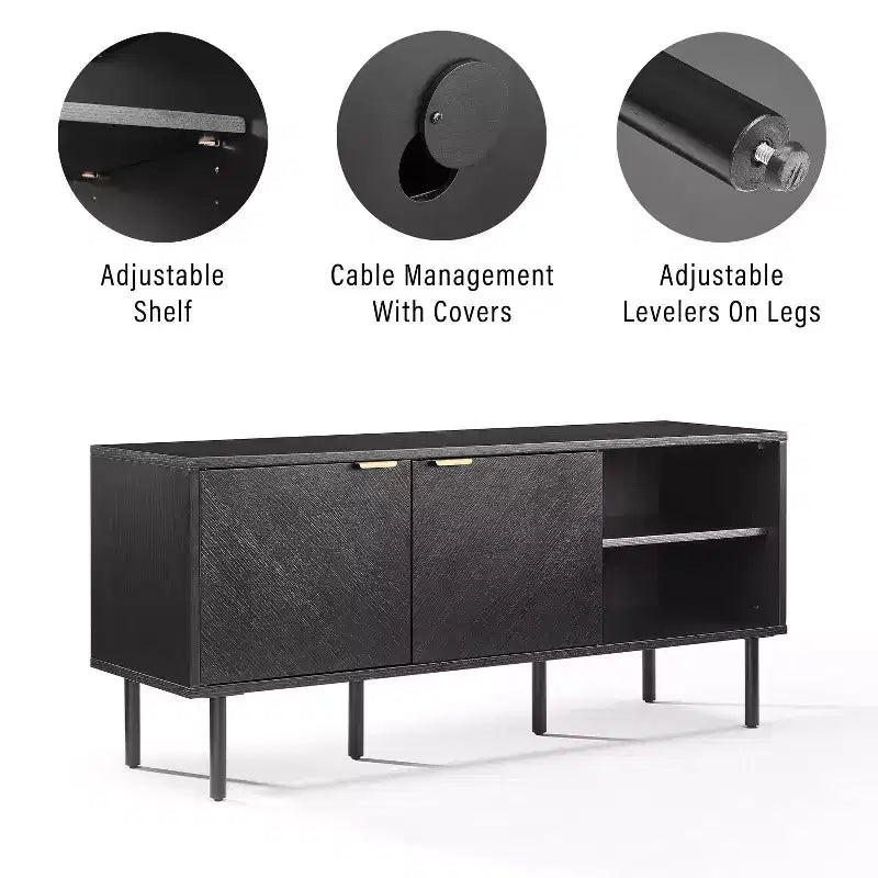 Crosley 54" Credenza Brody con Contenitore per Dischi, Nera: Venature in Rovere, Maniglie in Ottone, Gestione Cavi