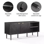 Crosley 54" Credenza Brody con Contenitore per Dischi, Nera: Venature in Rovere, Maniglie in Ottone, Gestione Cavi