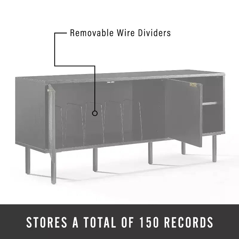 Crosley 54" Credenza Brody con Contenitore per Dischi, Nera: Venature in Rovere, Maniglie in Ottone, Gestione Cavi