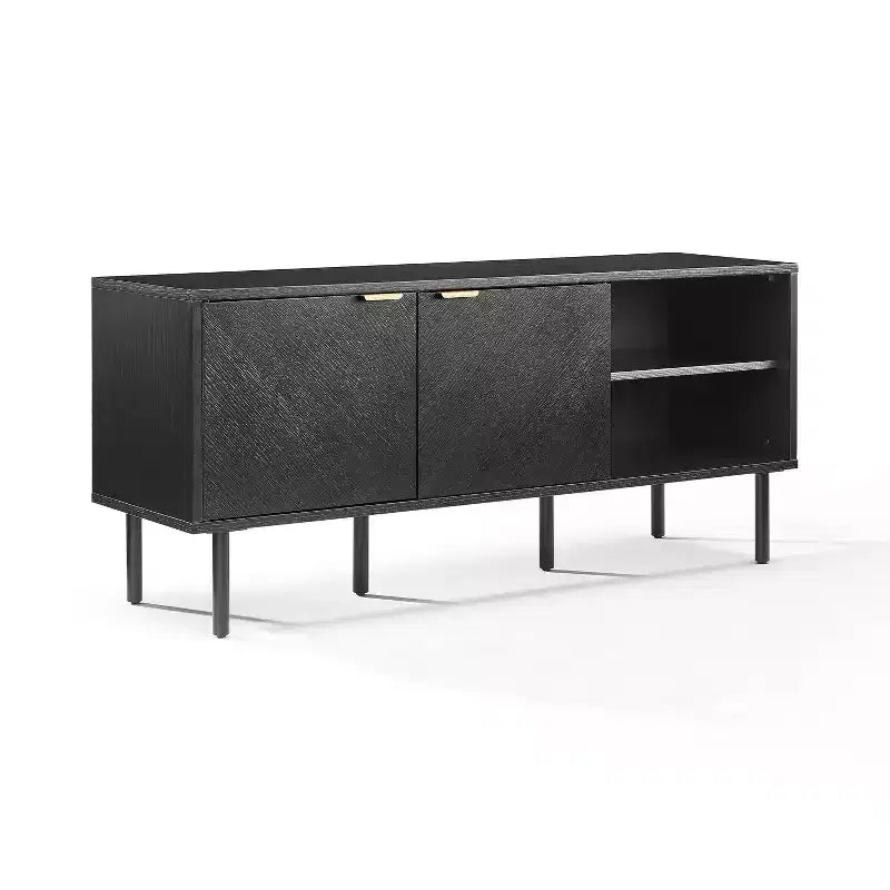 Crosley 54" Credenza Brody con Contenitore per Dischi, Nera: Venature in Rovere, Maniglie in Ottone, Gestione Cavi