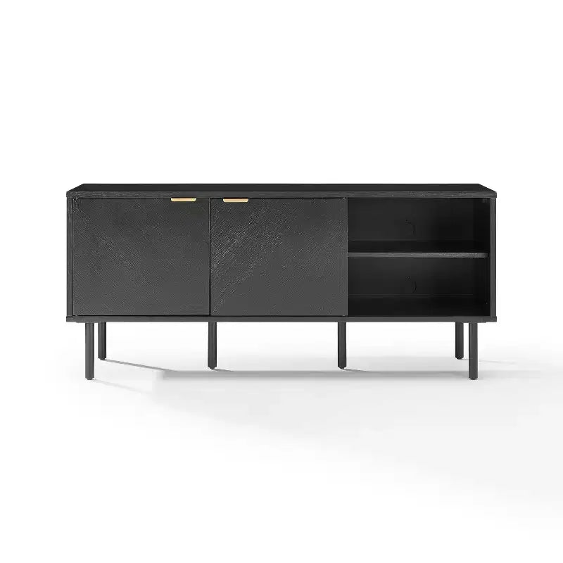 Crosley 54" Credenza Brody con Contenitore per Dischi, Nera: Venature in Rovere, Maniglie in Ottone, Gestione Cavi