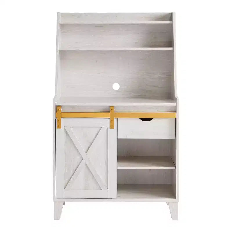 Credenza da cucina Downes Farmhouse: cassetto portaoggetti, 4 ripiani, rovere bianco - miBasics