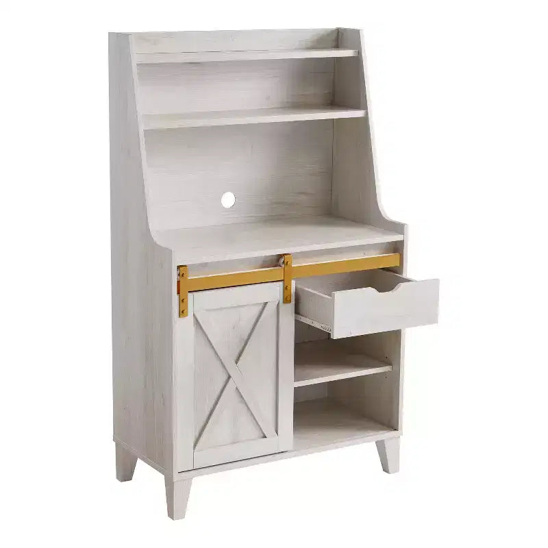 Credenza da cucina Downes Farmhouse: cassetto portaoggetti, 4 ripiani, rovere bianco - miBasics