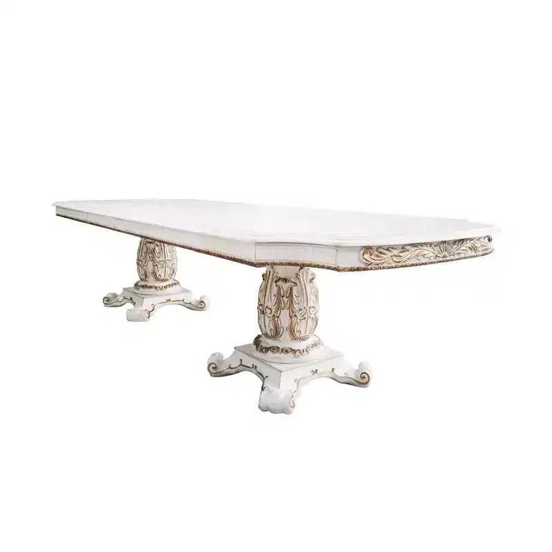 Tavolo da pranzo Vendome da 136" con finitura perla antica - Acme Furniture: Classico a doppio piedistallo, 10 posti, struttura in resina