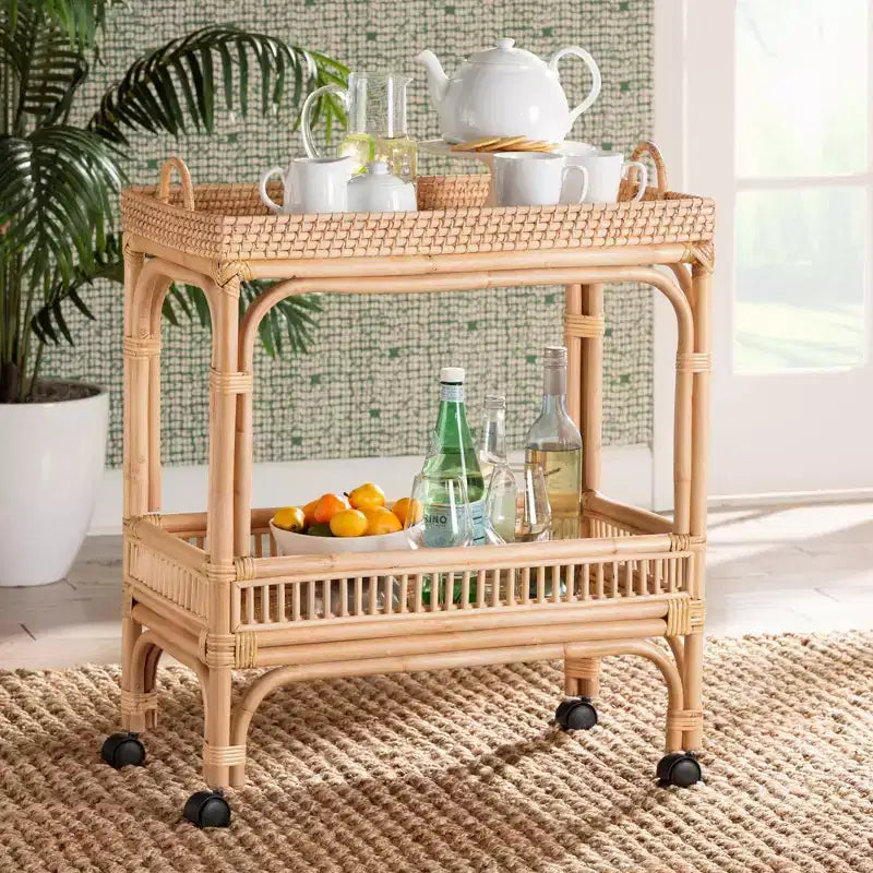bali & pari Carrello portabottiglie in Rattan Naturale Marrone Lombok: Carrello Bar per Interni con Portabottiglie, Nessun Montaggio Richiesto