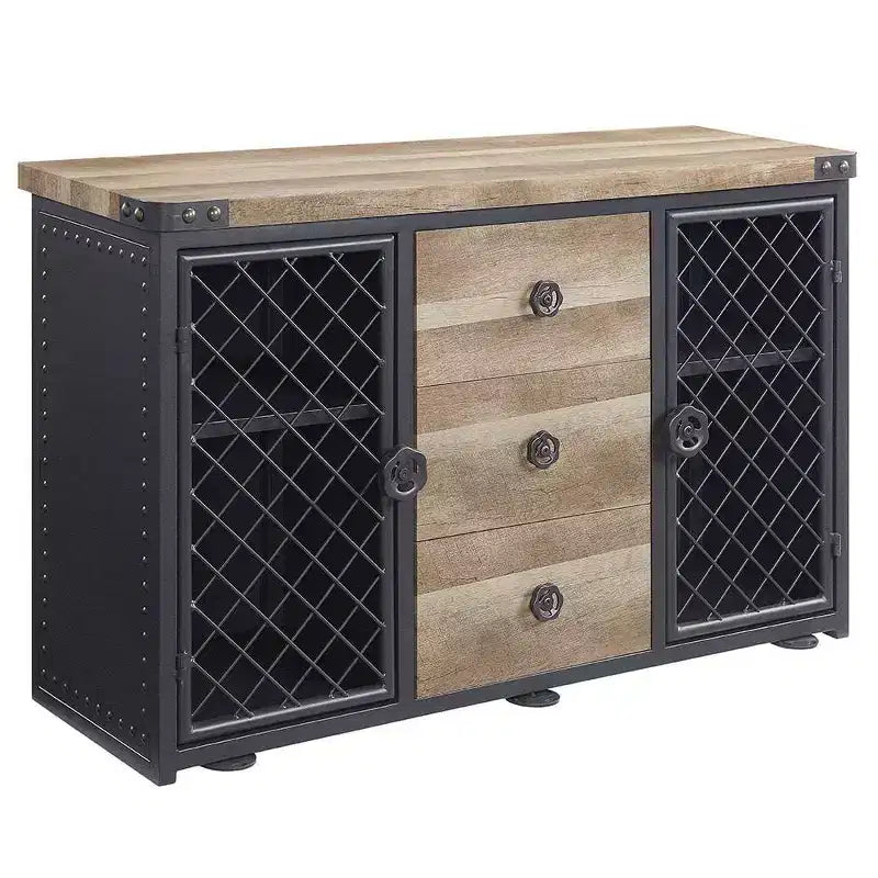 Edina 50" Kitchen and Dining Cabinets Oak and Sandy Black - Acme Furniture: Sideboard Buffet with Metal Frame, MDF Surface