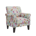 Poltrona decorativa tradizionale Janet con braccioli arrotolati, borchie color peltro e motivo floreale rosa di Handy Living