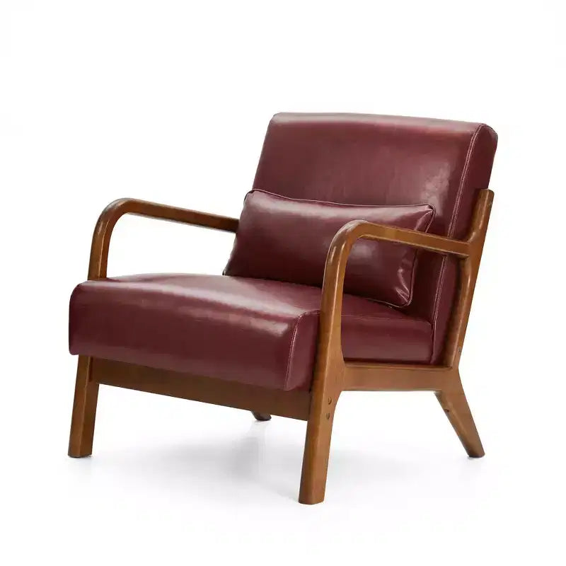 Poltrona con braccioli in similpelle stile Mid-Century Modern, struttura in legno di gomma noce, bordeaux - Glitzhome: Imbottita, capacità 136 kg