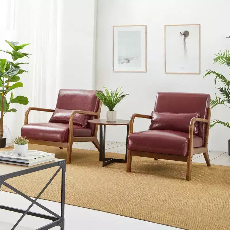 Poltrona con braccioli in similpelle stile Mid-Century Modern, struttura in legno di gomma noce, bordeaux - Glitzhome: Imbottita, capacità 136 kg