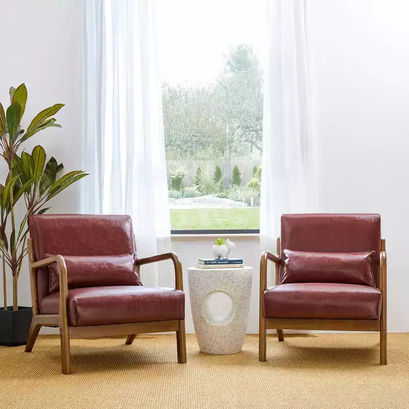 Poltrona con braccioli in similpelle stile Mid-Century Modern, struttura in legno di gomma noce, bordeaux - Glitzhome: Imbottita, capacità 136 kg