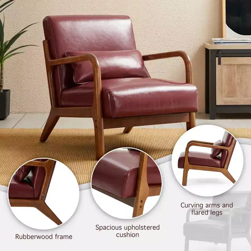 Poltrona con braccioli in similpelle stile Mid-Century Modern, struttura in legno di gomma noce, bordeaux - Glitzhome: Imbottita, capacità 136 kg