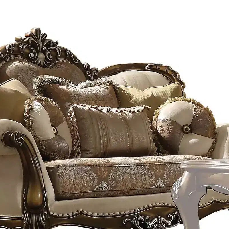 Divano Latisha 74" color Tan, tessuto fantasia e finitura rovere antico - Acme Furniture: Divanetto imbottito tradizionale, design capitonné