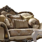 Divano Latisha 74" color Tan, tessuto fantasia e finitura rovere antico - Acme Furniture: Divanetto imbottito tradizionale, design capitonné