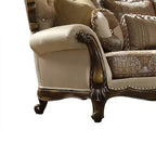 Divano Latisha 74" color Tan, tessuto fantasia e finitura rovere antico - Acme Furniture: Divanetto imbottito tradizionale, design capitonné